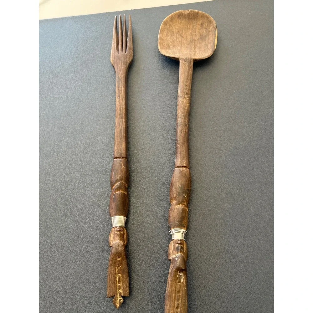 Vintage Hand Carved Wooden Salad Servers Fork Spoon Folk Art Utensil Set